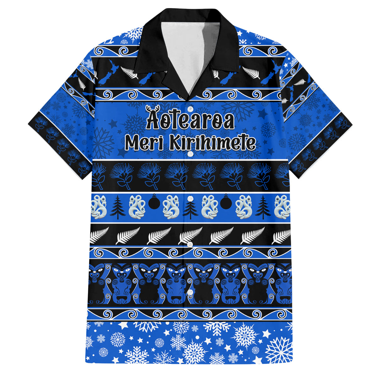 Personalised New Zealand Christmas Family Matching Tank Maxi Dress and Hawaiian Shirt Aotearoa Kiwi Meri Kirihimete Blue Version LT14 Dad's Shirt - Short Sleeve Blue - Polynesian Pride