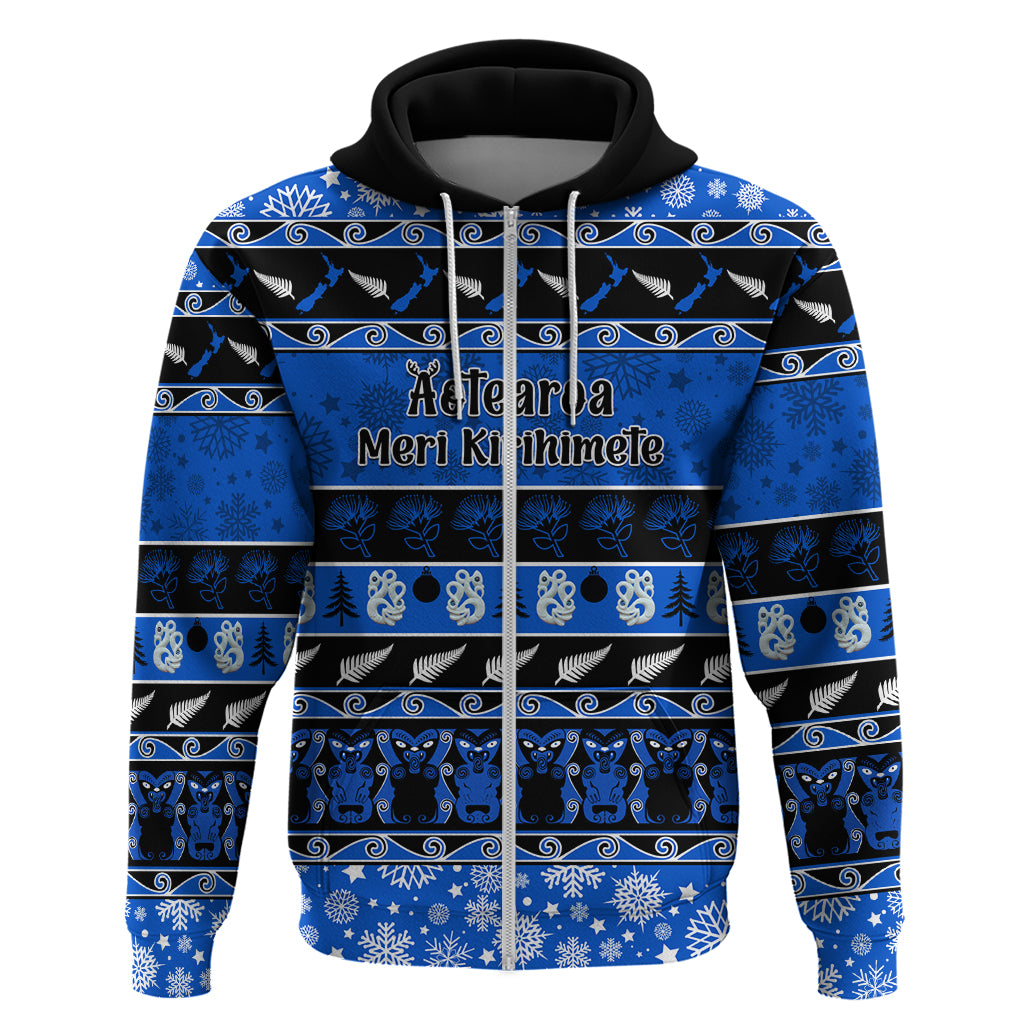 Personalised New Zealand Christmas Hoodie Aotearoa Kiwi Meri Kirihimete Blue Version LT14 - Polynesian Pride