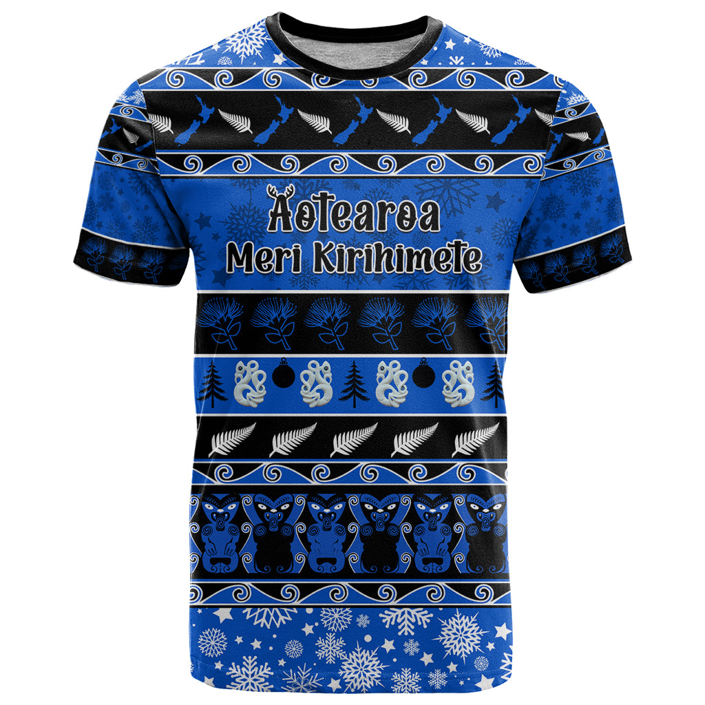 Personalised New Zealand Christmas T Shirt Aotearoa Kiwi Meri Kirihimete Blue Version LT14 Blue - Polynesian Pride