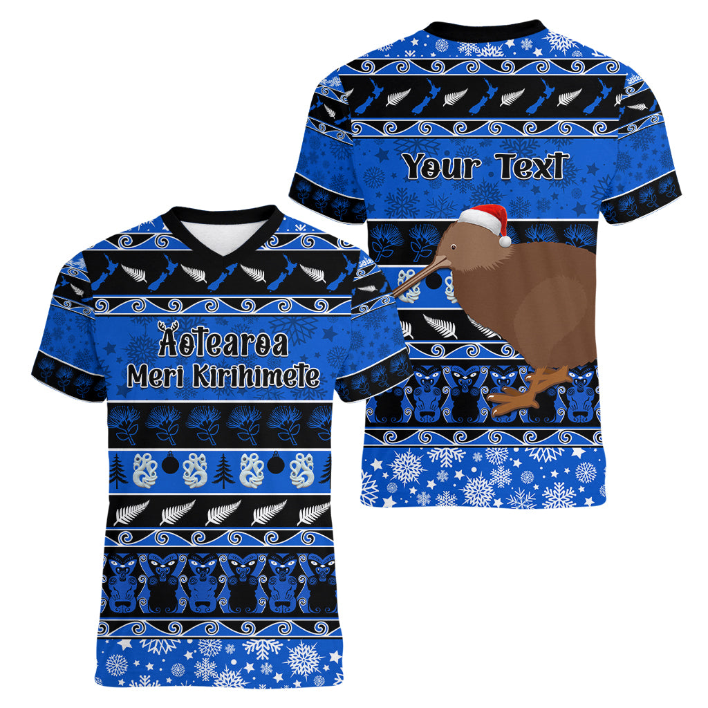 Personalised New Zealand Christmas Women V Neck T Shirt Aotearoa Kiwi Meri Kirihimete Blue Version LT14 - Polynesian Pride