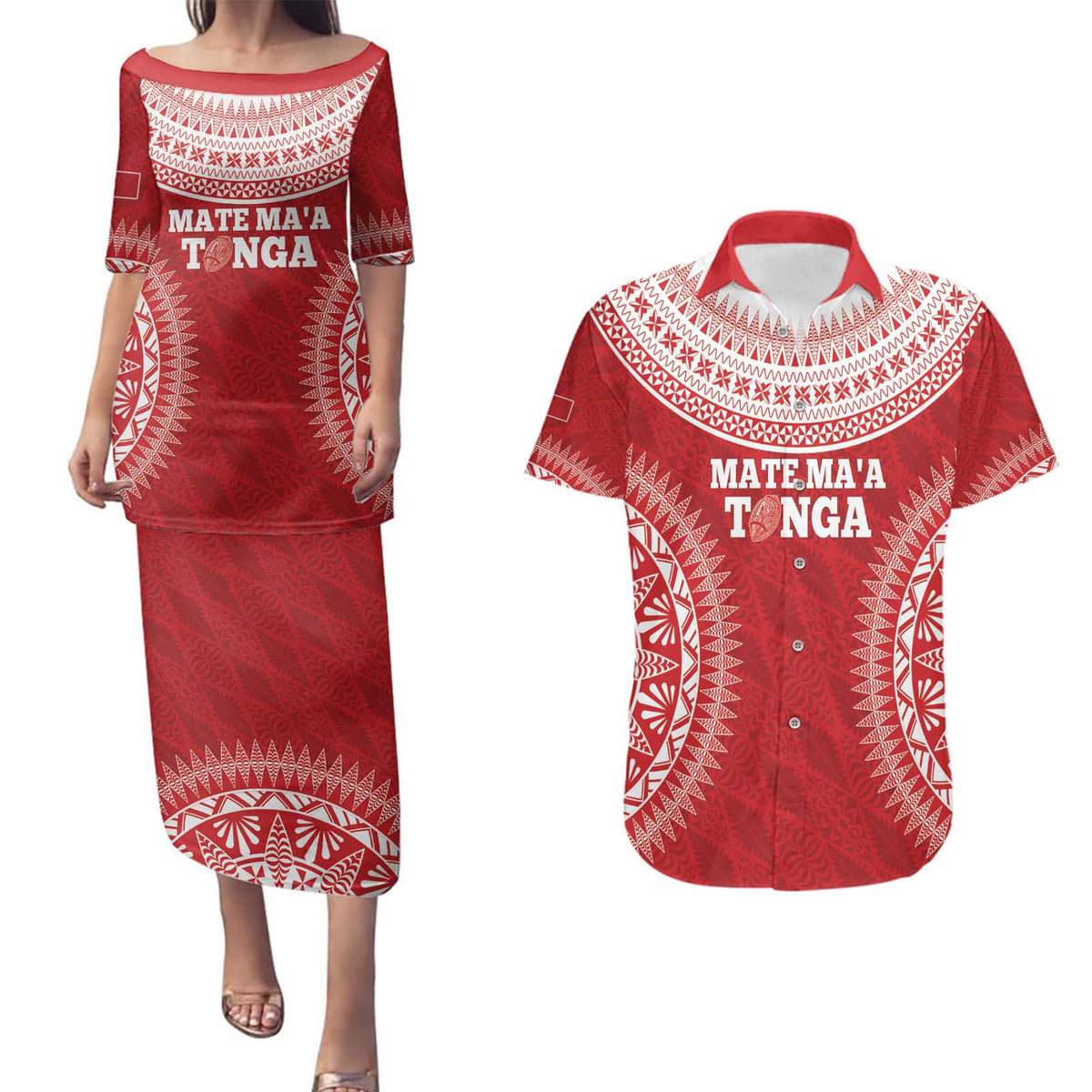Custom Tonga Mate Maa Couples Matching Puletasi and Hawaiian Shirt Go Champions Tongan Ngatu - Red
