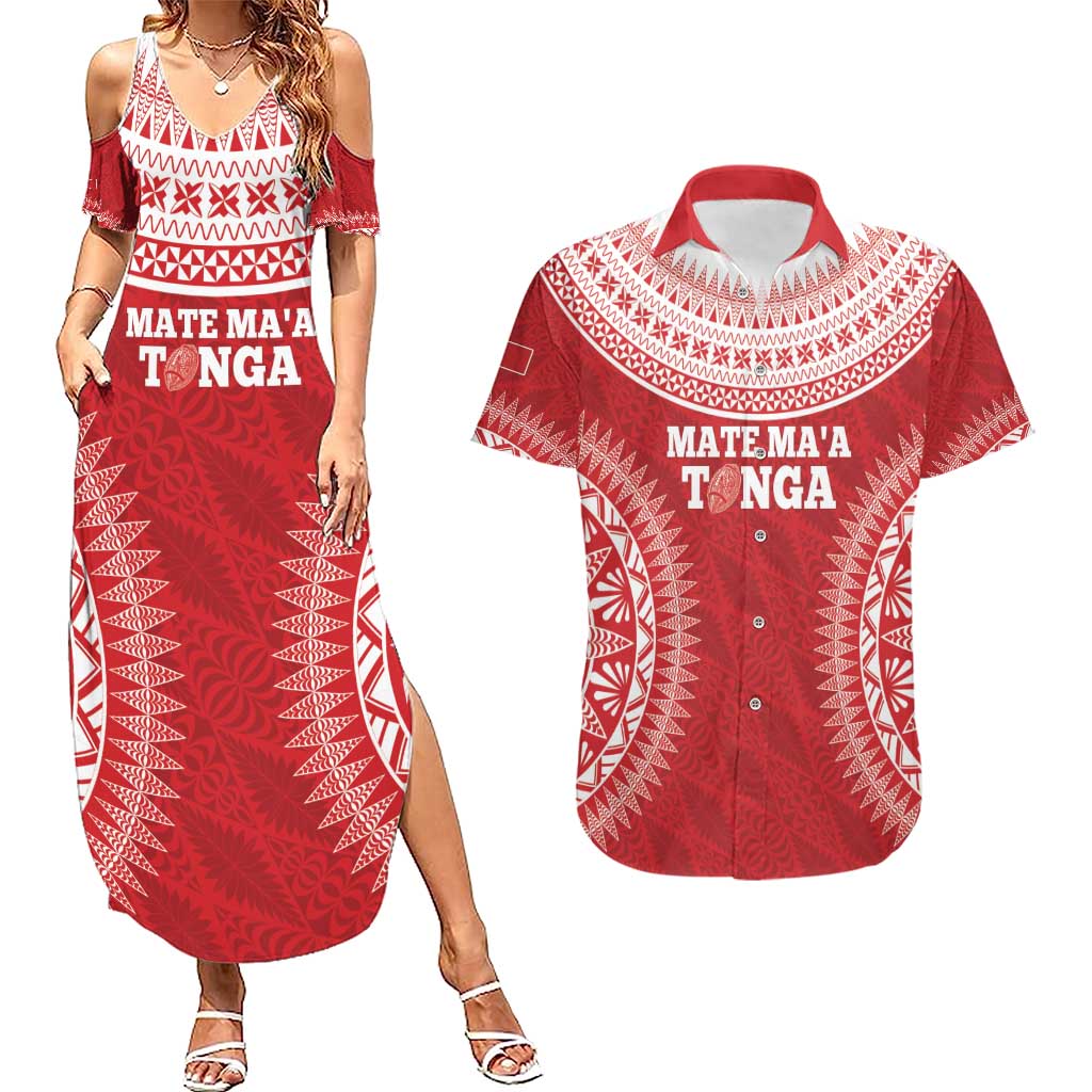 Custom Tonga Mate Maa Couples Matching Summer Maxi Dress and Hawaiian Shirt Go Champions Tongan Ngatu - Red