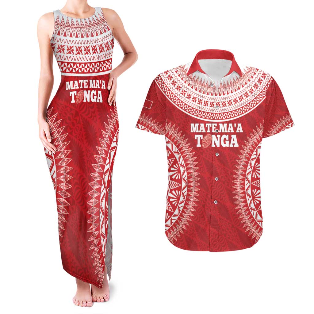 Custom Tonga Mate Maa Couples Matching Tank Maxi Dress and Hawaiian Shirt Go Champions Tongan Ngatu - Red