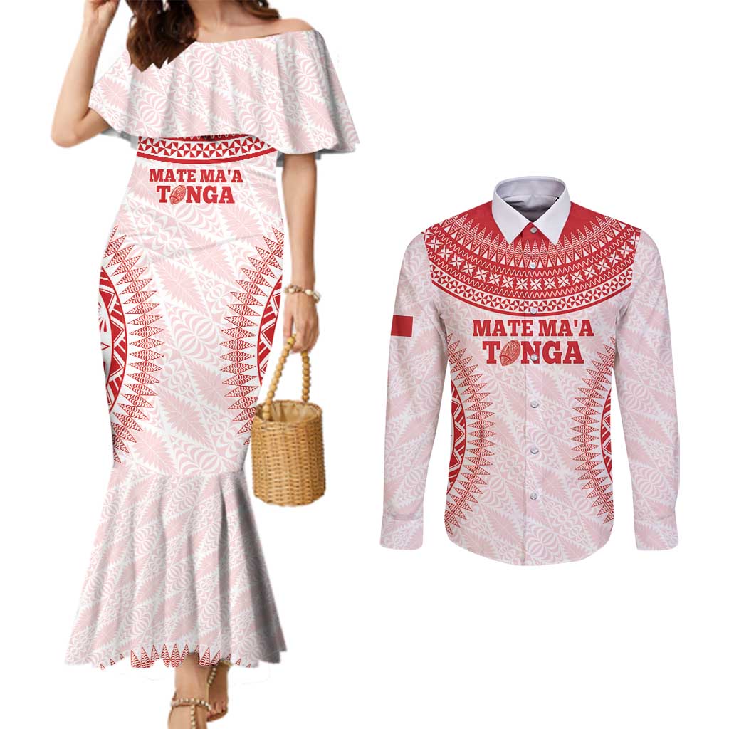 Custom Tonga Mate Maa Couples Matching Mermaid Dress and Long Sleeve Button Shirt Go Champions Tongan Ngatu - White LT14 White - Polynesian Pride