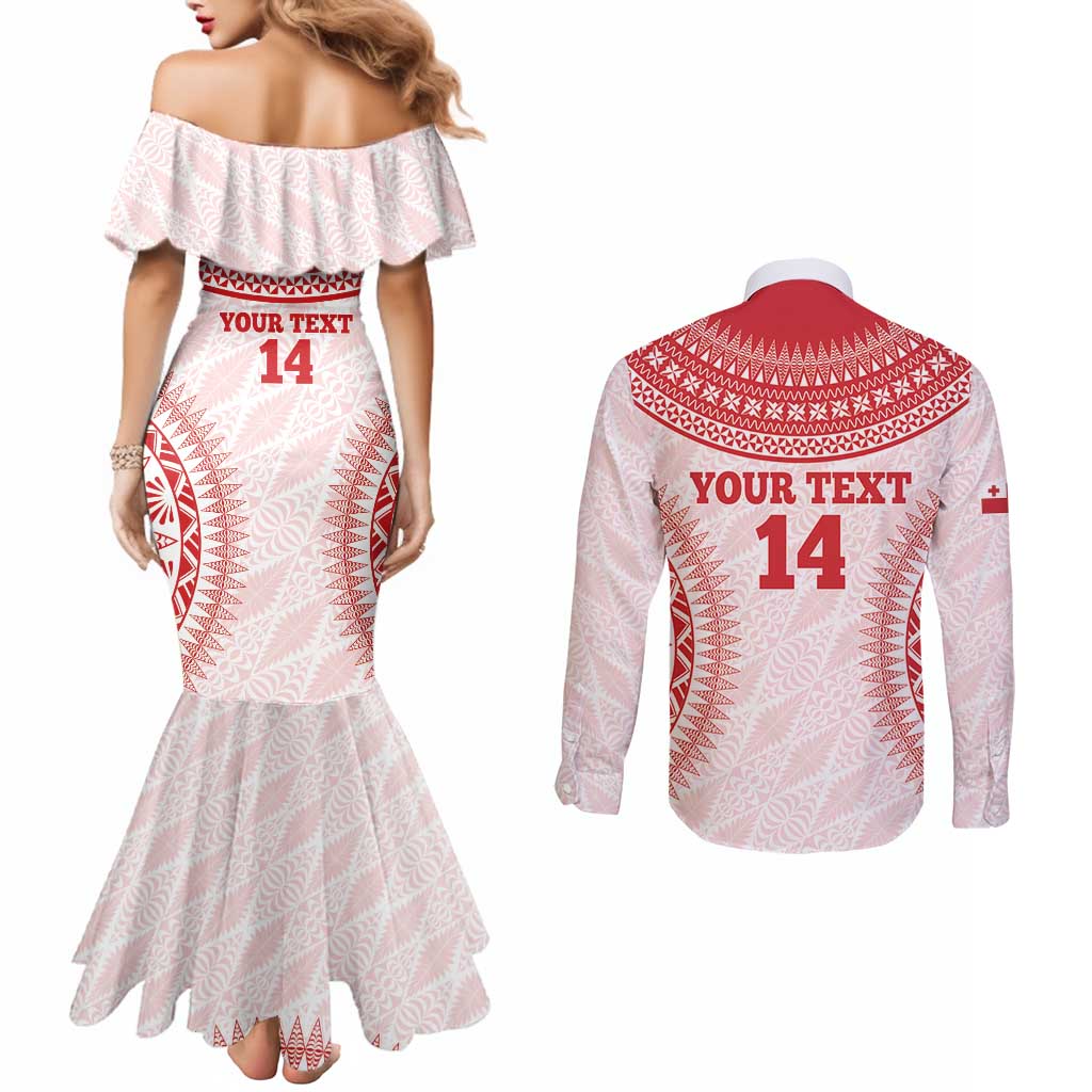 Custom Tonga Mate Maa Couples Matching Mermaid Dress and Long Sleeve Button Shirt Go Champions Tongan Ngatu - White LT14 - Polynesian Pride