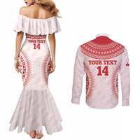 Custom Tonga Mate Maa Couples Matching Mermaid Dress and Long Sleeve Button Shirt Go Champions Tongan Ngatu - White LT14 - Polynesian Pride