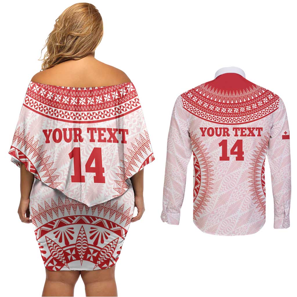 Custom Tonga Mate Maa Couples Matching Off Shoulder Short Dress and Long Sleeve Button Shirt Go Champions Tongan Ngatu - White