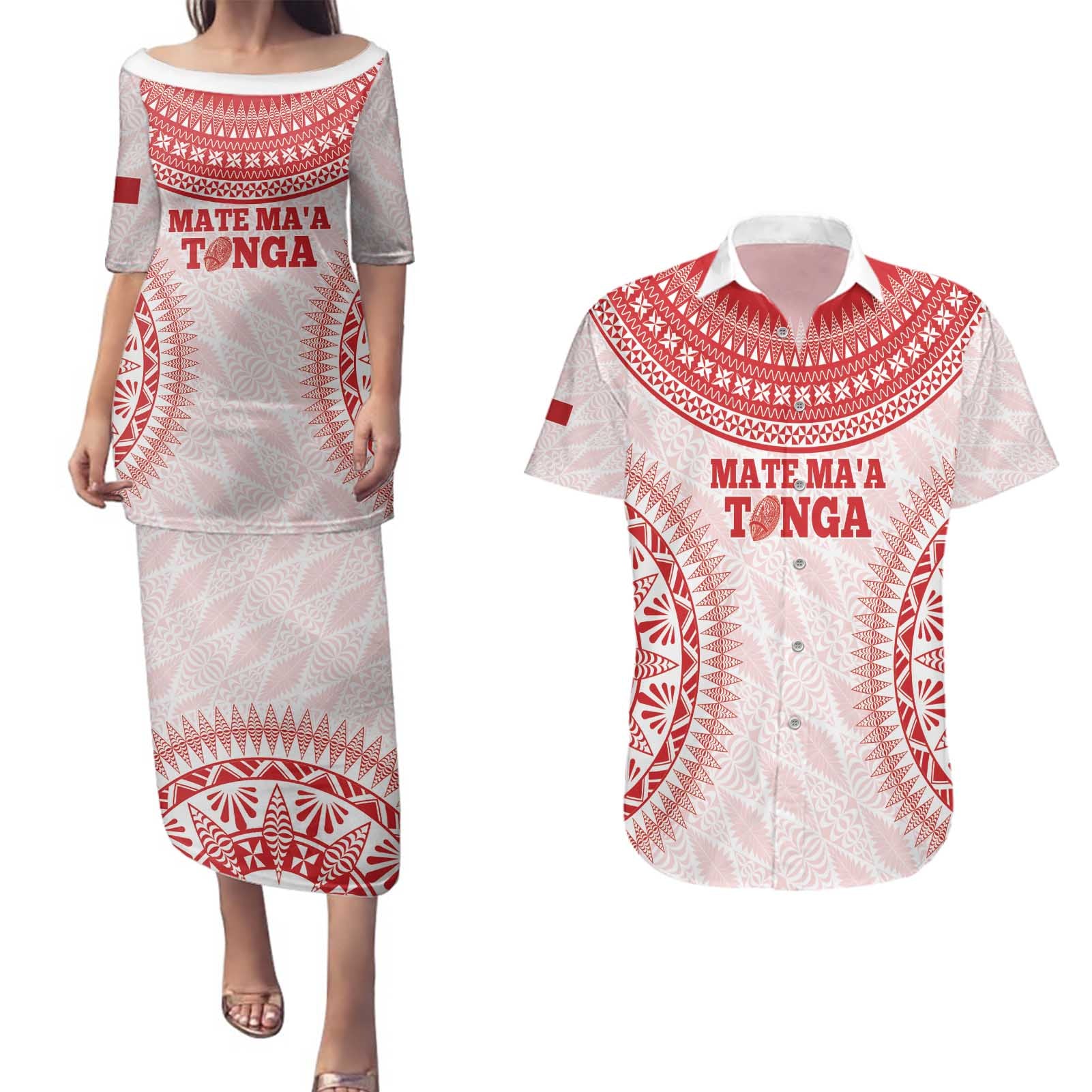 Custom Tonga Mate Maa Couples Matching Puletasi and Hawaiian Shirt Go Champions Tongan Ngatu - White