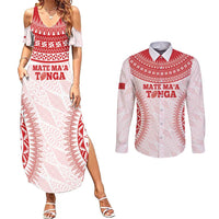Custom Tonga Mate Maa Couples Matching Summer Maxi Dress and Long Sleeve Button Shirt Go Champions Tongan Ngatu - White LT14 White - Polynesian Pride