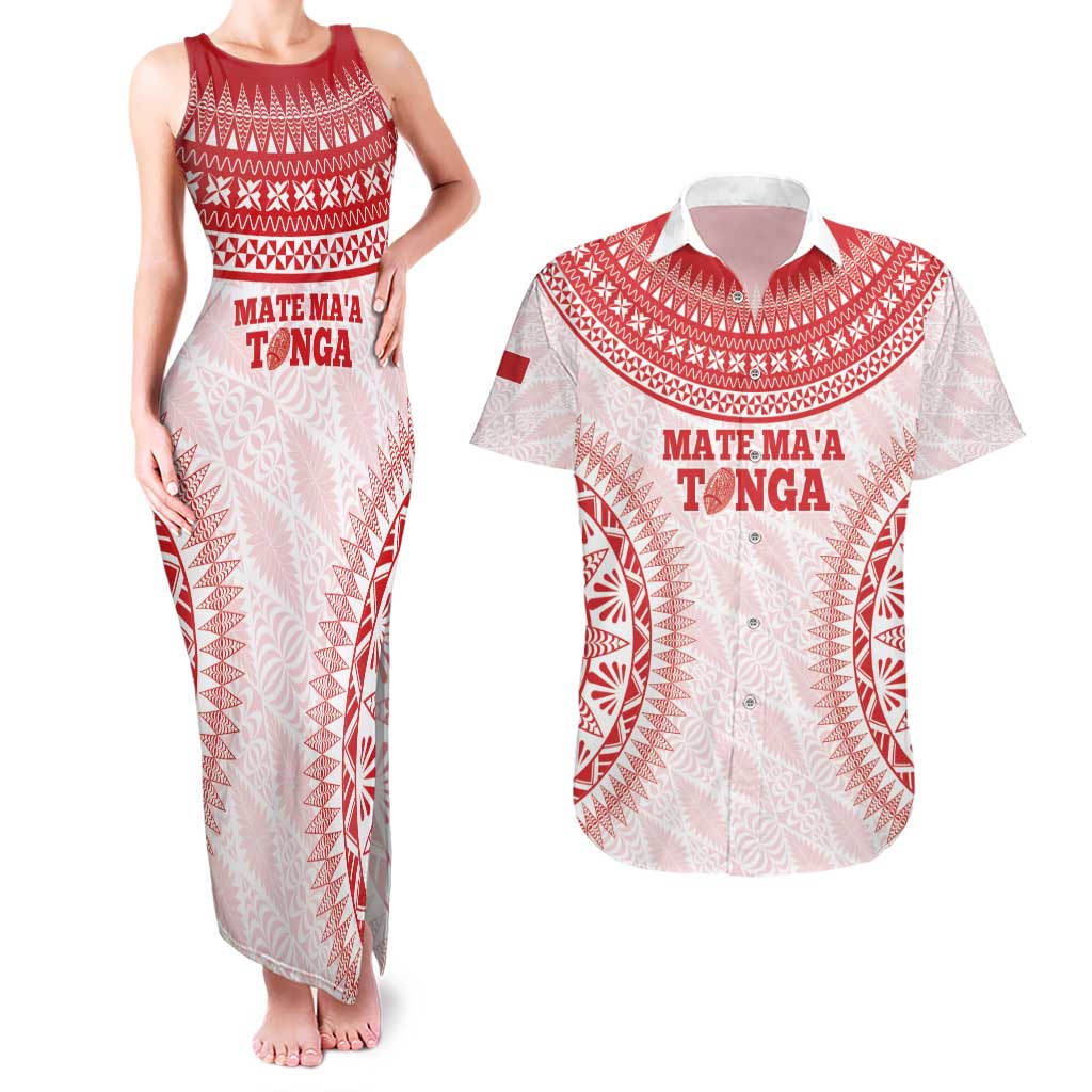 Custom Tonga Mate Maa Couples Matching Tank Maxi Dress and Hawaiian Shirt Go Champions Tongan Ngatu - White