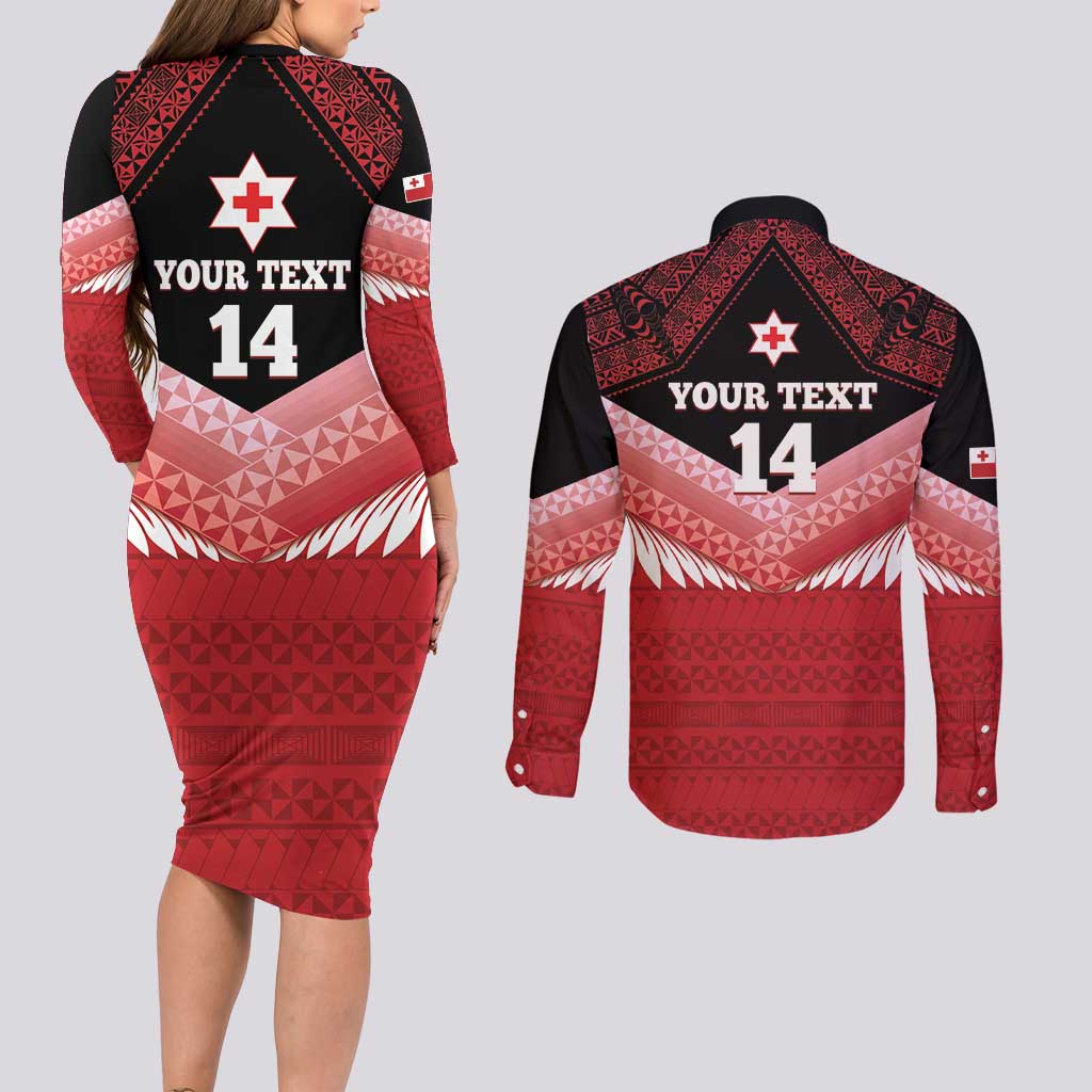 Custom Mate Maa Tonga XIII Couples Matching Long Sleeve Bodycon Dress and Long Sleeve Button Shirt Tongan Kupesi Ngatu - Rugby Style