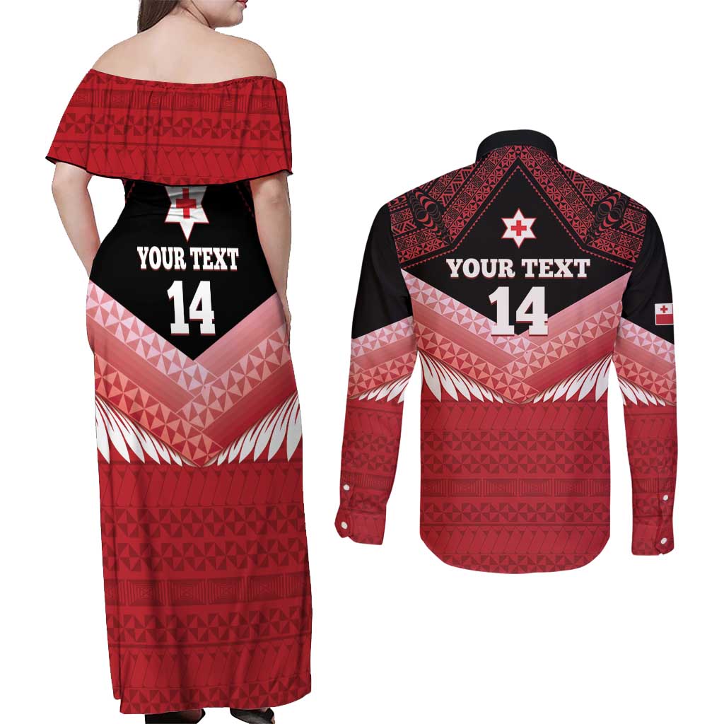 Custom Mate Maa Tonga XIII Couples Matching Off Shoulder Maxi Dress and Long Sleeve Button Shirt Tongan Kupesi Ngatu - Rugby Style
