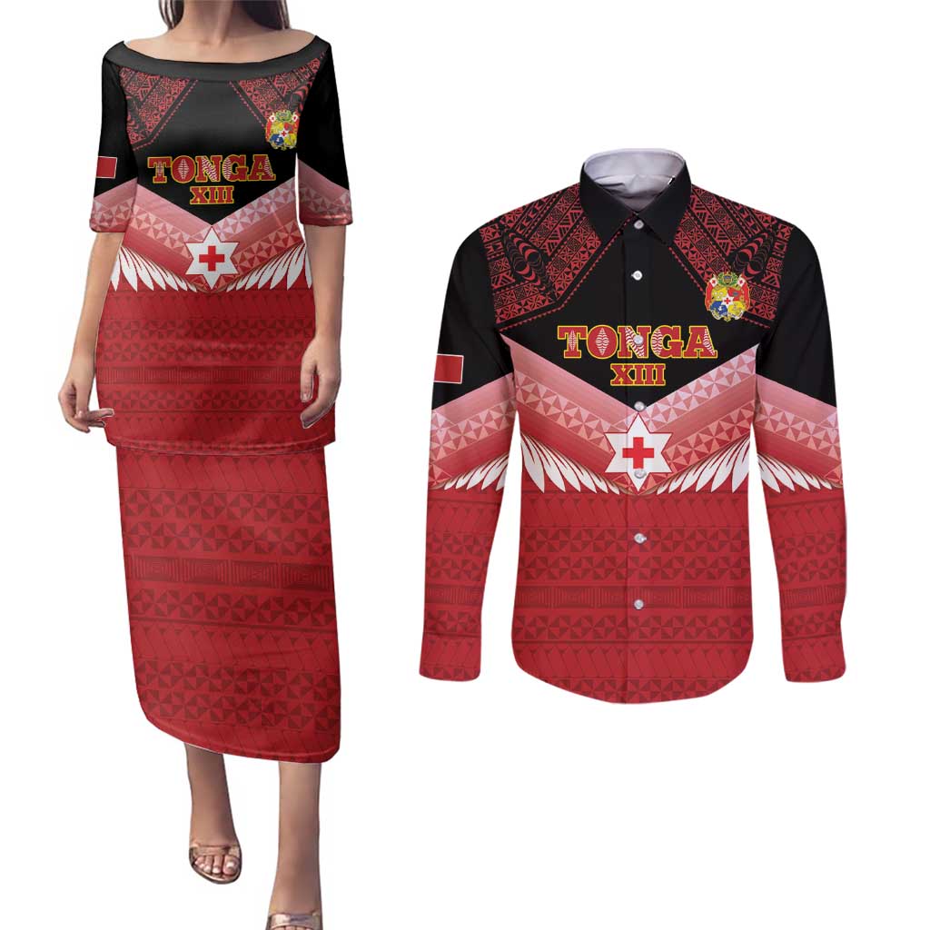 Custom Mate Maa Tonga XIII Couples Matching Puletasi and Long Sleeve Button Shirt Tongan Kupesi Ngatu - Rugby Style