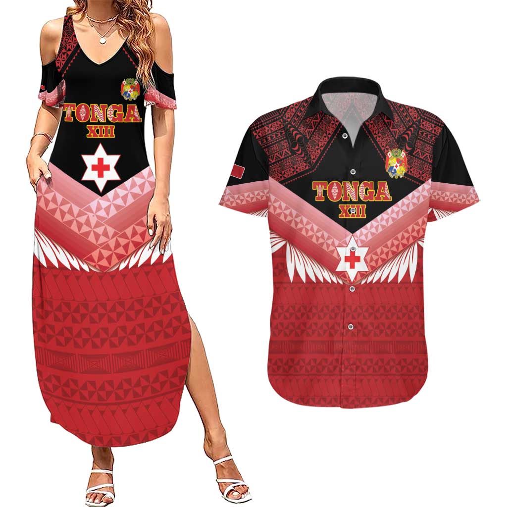 Custom Mate Maa Tonga XIII Couples Matching Summer Maxi Dress and Hawaiian Shirt Tongan Kupesi Ngatu - Rugby Style