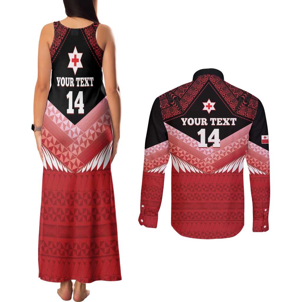 Custom Mate Maa Tonga XIII Couples Matching Tank Maxi Dress and Long Sleeve Button Shirt Tongan Kupesi Ngatu - Rugby Style