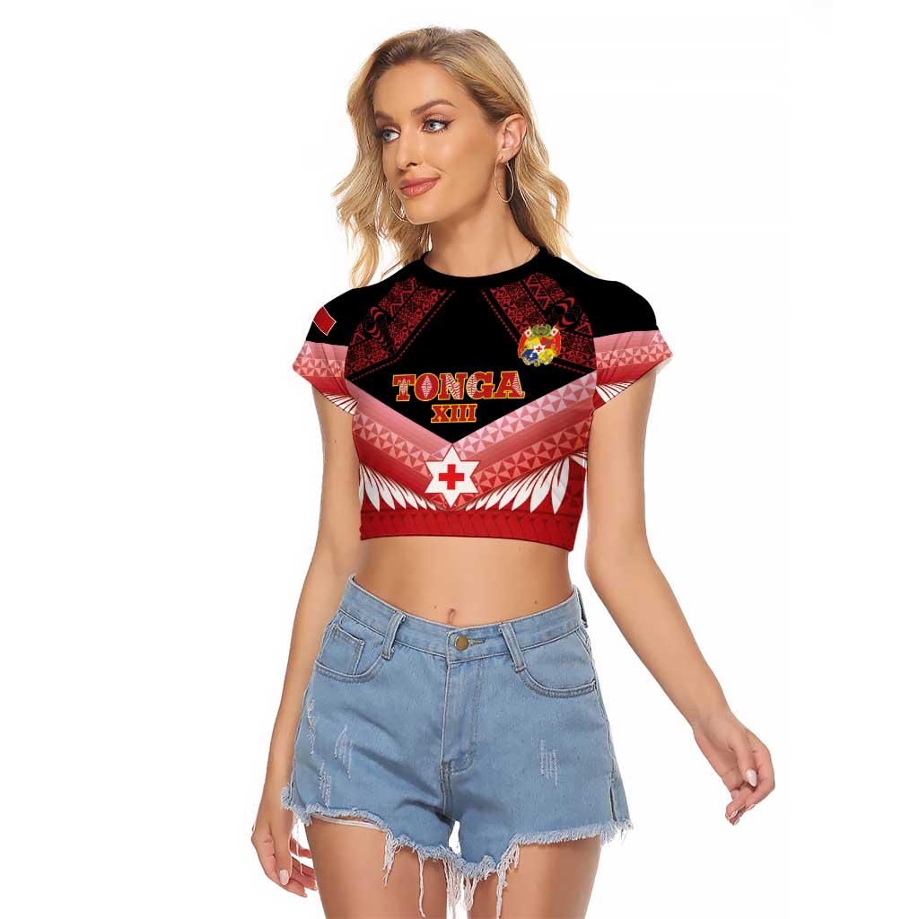 Custom Mate Maa Tonga XIII Raglan Cropped T Shirt Tongan Kupesi Ngatu - Rugby Style