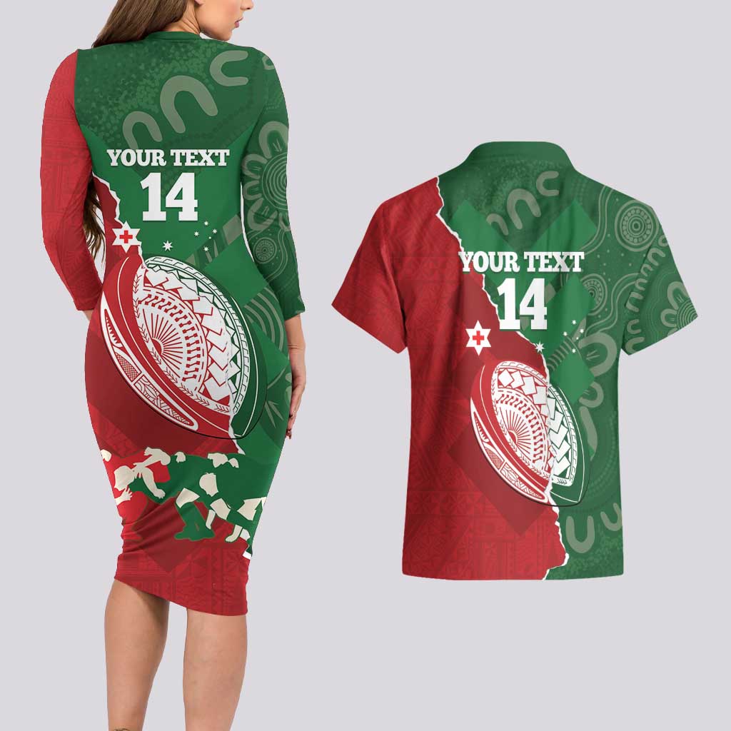 Custom Tonga And Australia Rugby Couples Matching Long Sleeve Bodycon Dress and Hawaiian Shirt Mate Maa Tongan Ngatu Mix Kangaroos Aboriginal