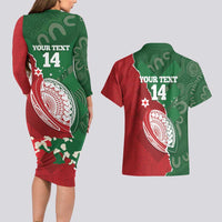 Custom Tonga And Australia Rugby Couples Matching Long Sleeve Bodycon Dress and Hawaiian Shirt Mate Maa Tongan Ngatu Mix Kangaroos Aboriginal