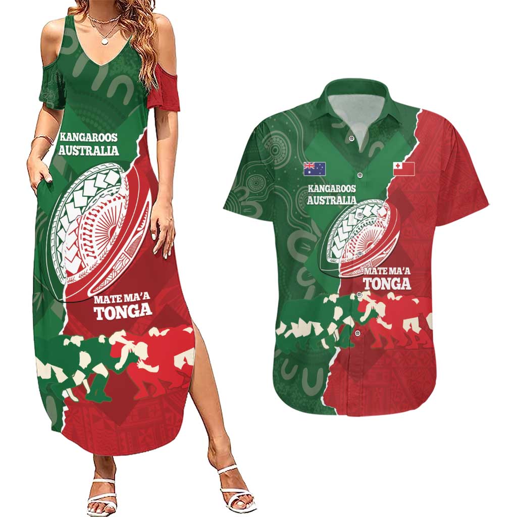 Custom Tonga And Australia Rugby Couples Matching Summer Maxi Dress and Hawaiian Shirt Mate Maa Tongan Ngatu Mix Kangaroos Aboriginal