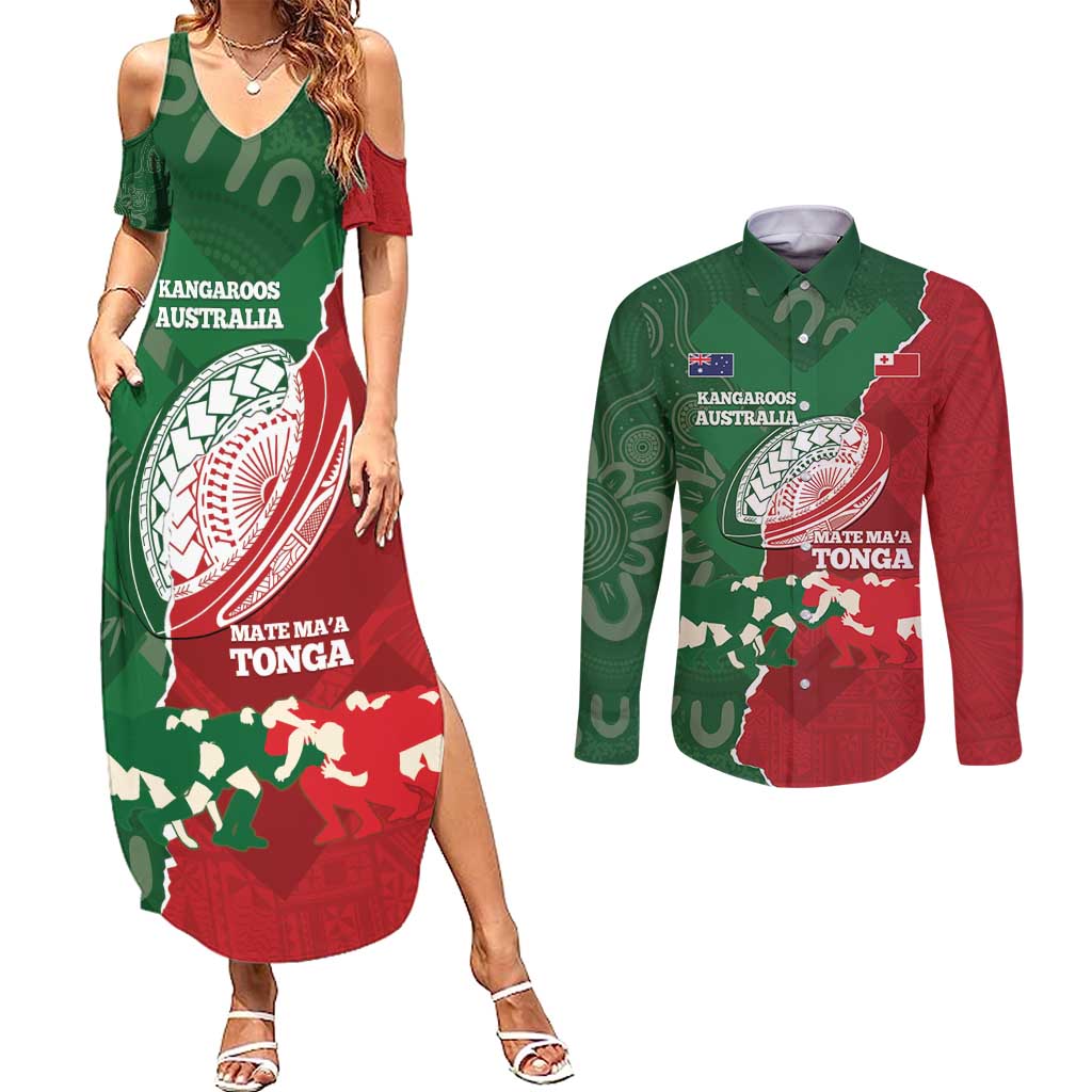 Custom Tonga And Australia Rugby Couples Matching Summer Maxi Dress and Long Sleeve Button Shirt Mate Maa Tongan Ngatu Mix Kangaroos Aboriginal