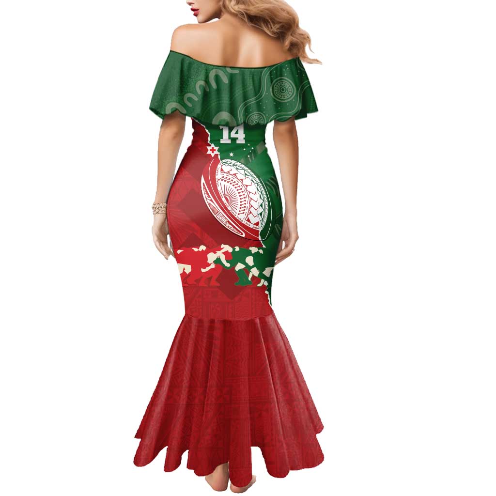 Custom Tonga And Australia Rugby Family Matching Mermaid Dress and Hawaiian Shirt Mate Maa Tongan Ngatu Mix Kangaroos Aboriginal