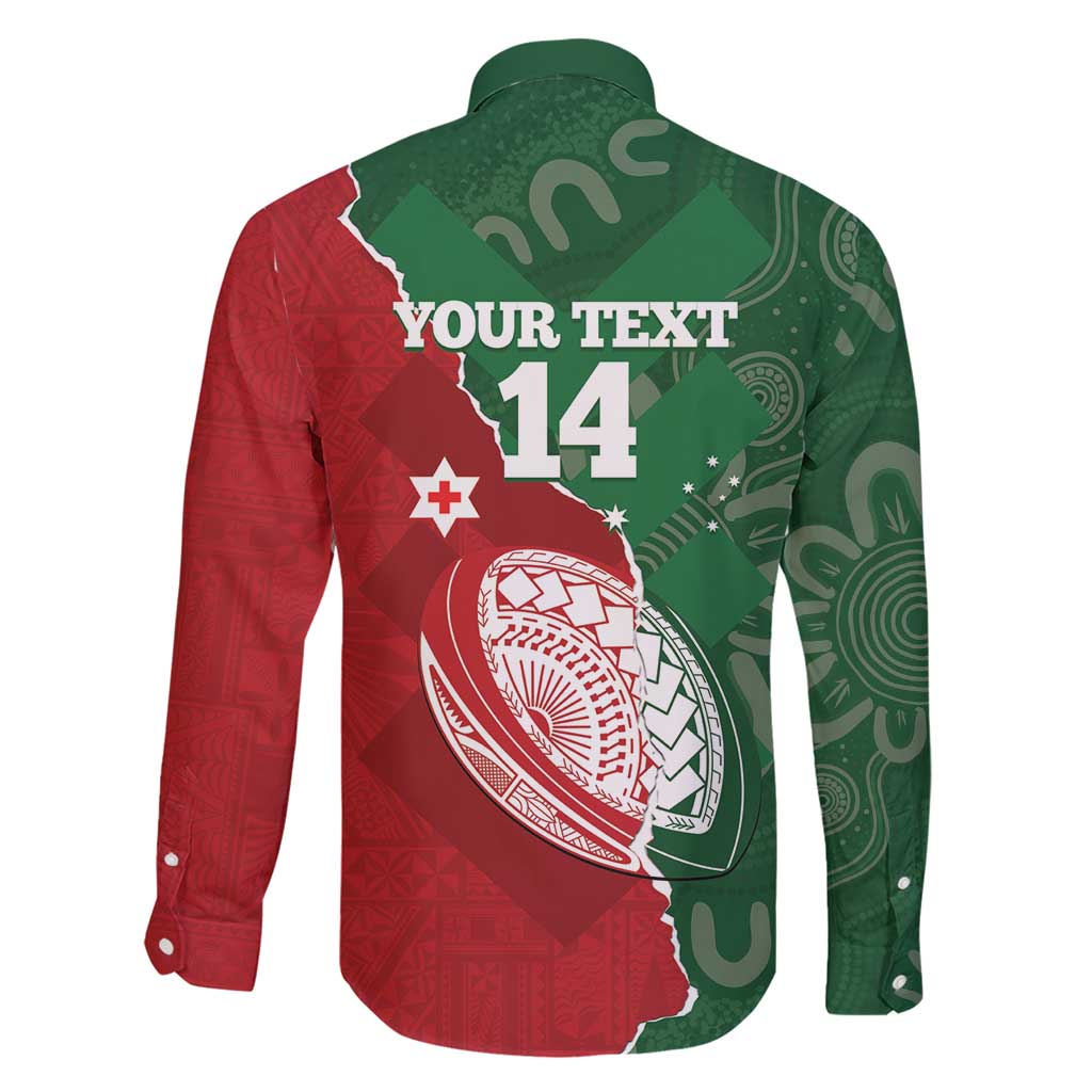 Custom Tonga And Australia Rugby Family Matching Short Sleeve Bodycon Dress and Hawaiian Shirt Mate Maa Tongan Ngatu Mix Kangaroos Aboriginal