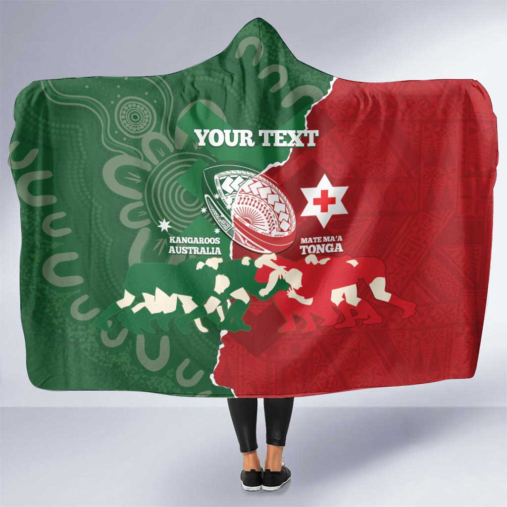 Custom Tonga And Australia Rugby Hooded Blanket Mate Maa Tongan Ngatu Mix Kangaroos Aboriginal