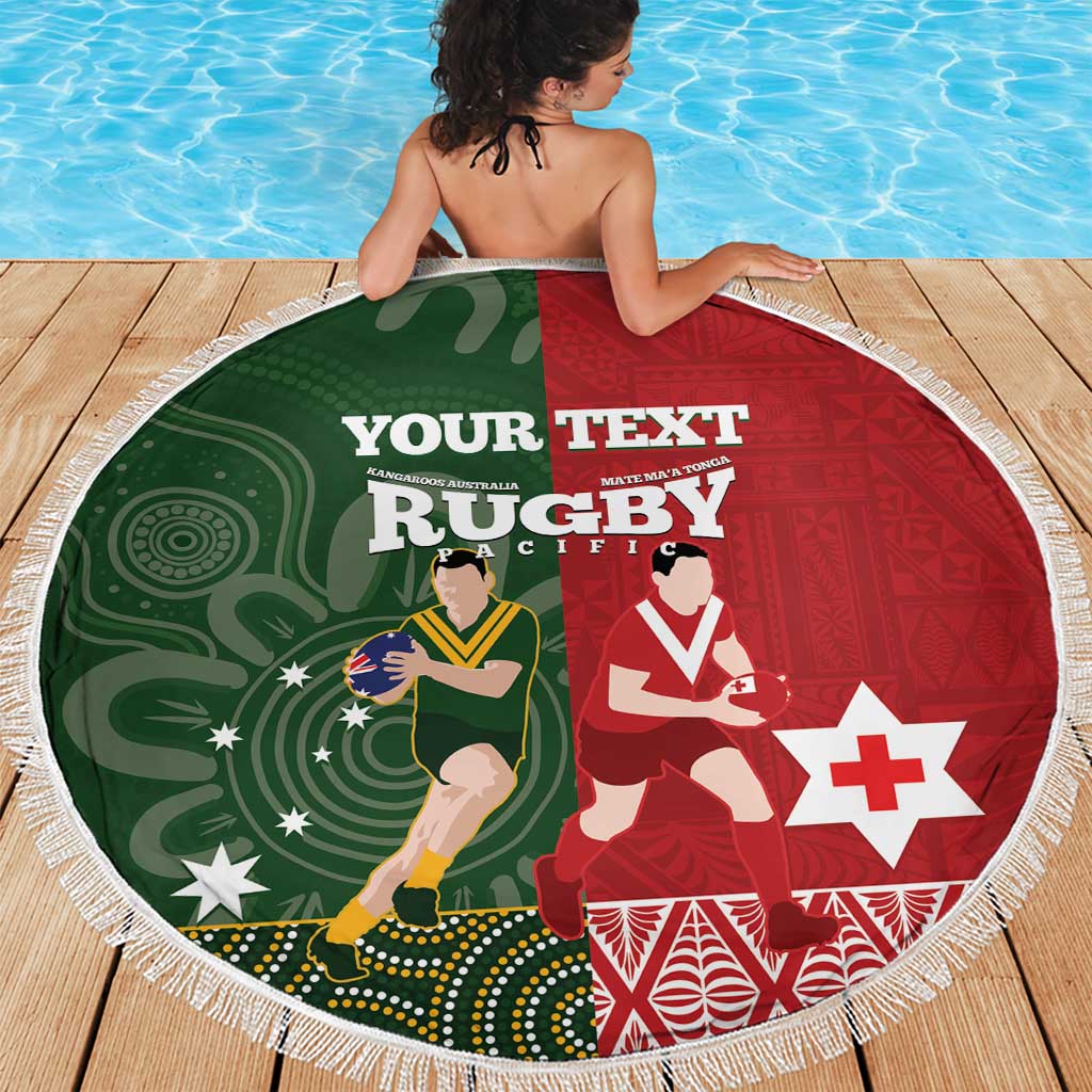 Custom Mate Maa Tonga And Kangaroo Australia Beach Blanket Tongan Kupesi Mix Aboriginal Art