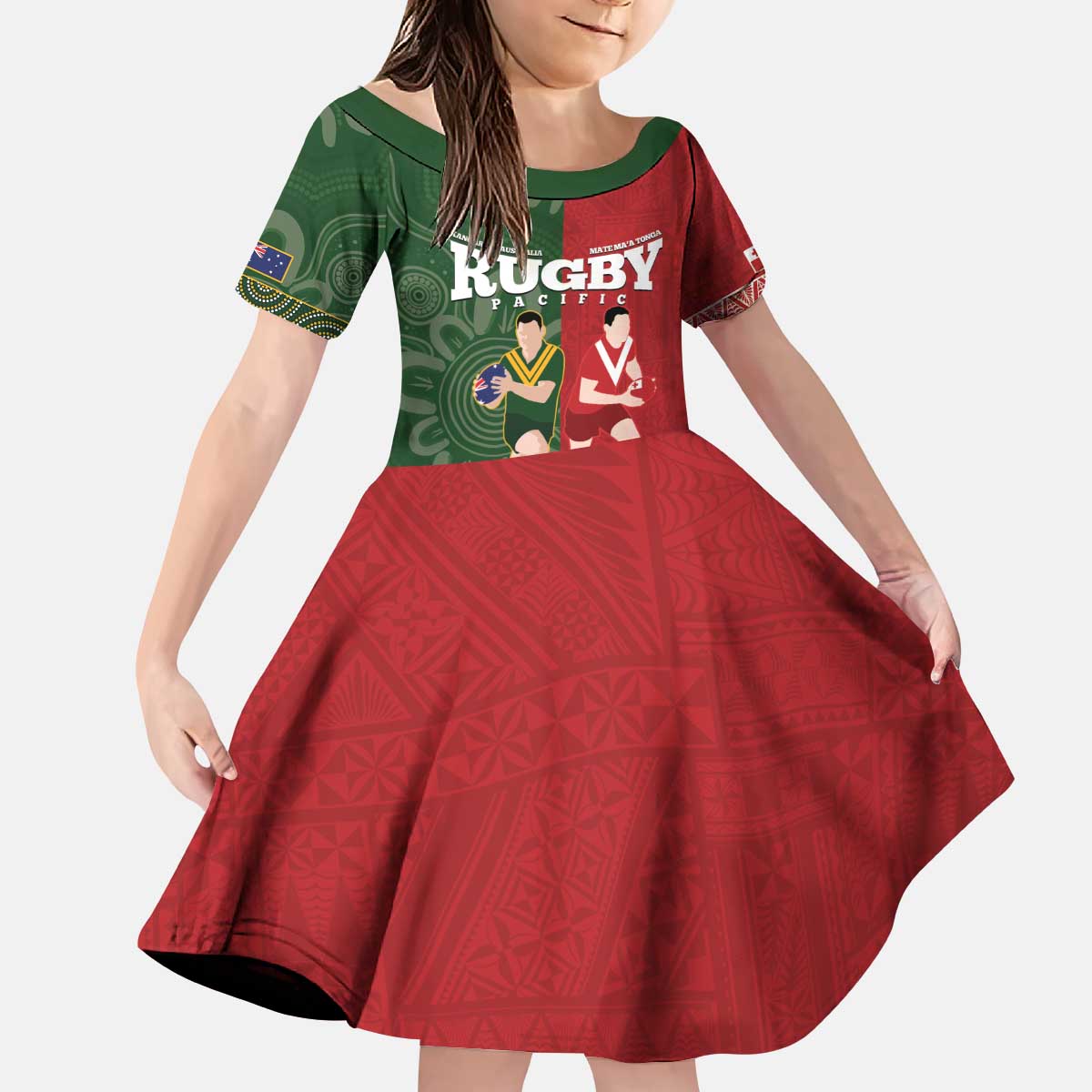 Custom Mate Maa Tonga And Kangaroo Australia Kid Short Sleeve Dress Tongan Kupesi Mix Aboriginal Art LT14 KID Green - Polynesian Pride