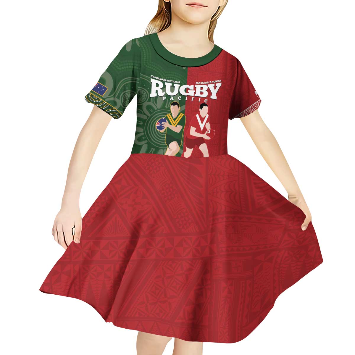 Custom Mate Maa Tonga And Kangaroo Australia Kid Short Sleeve Dress Tongan Kupesi Mix Aboriginal Art LT14 - Polynesian Pride