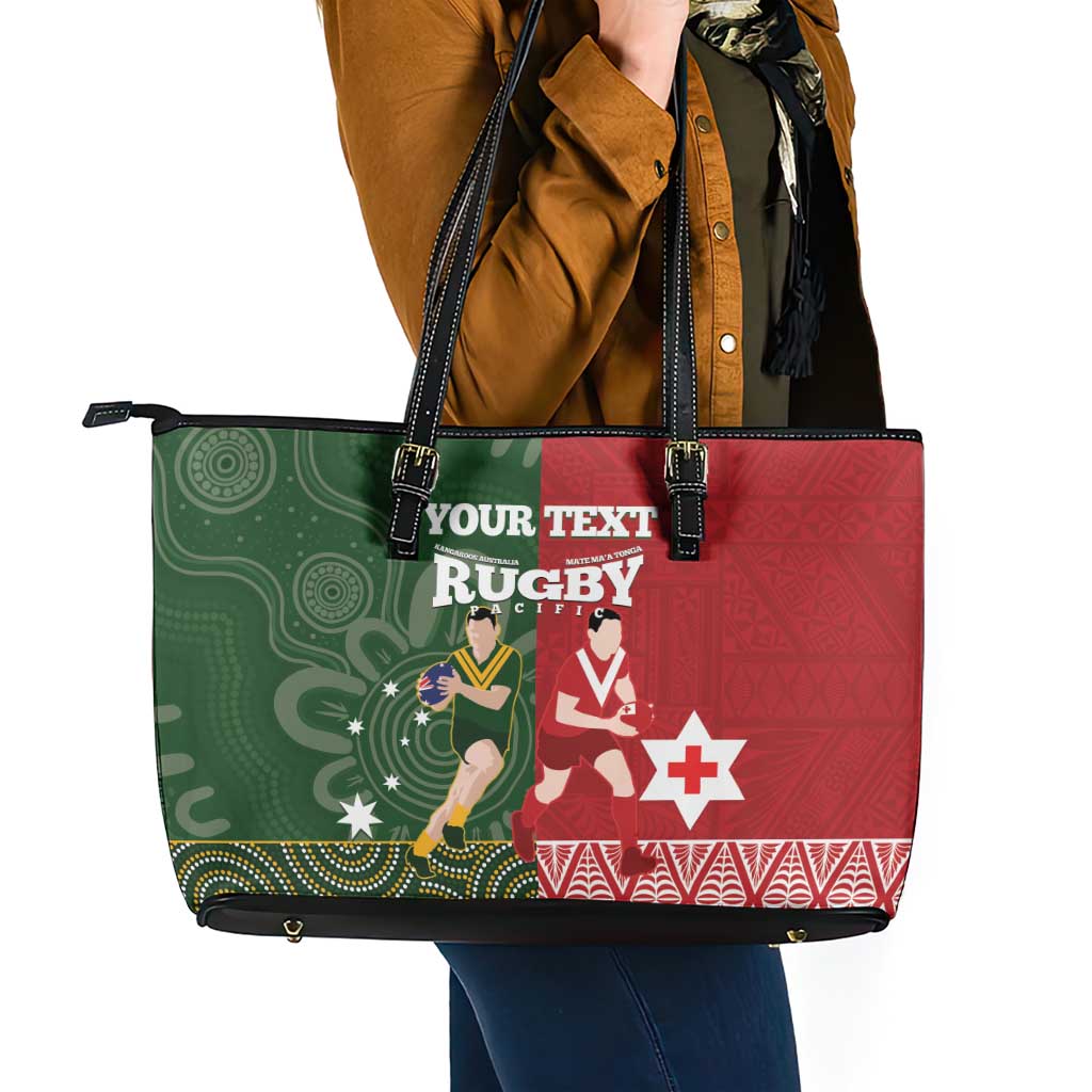 Custom Mate Maa Tonga And Kangaroo Australia Leather Tote Bag Tongan Kupesi Mix Aboriginal Art