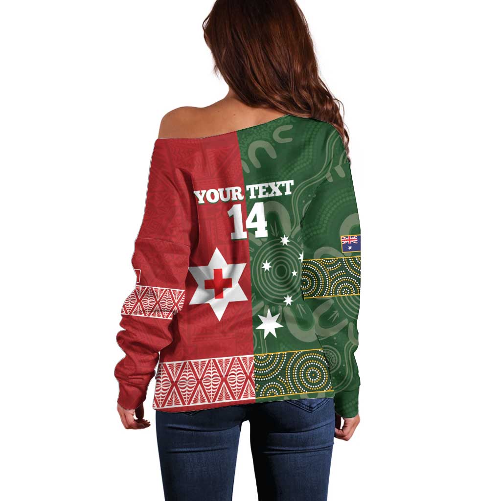 Custom Mate Maa Tonga And Kangaroo Australia Off Shoulder Sweater Tongan Kupesi Mix Aboriginal Art