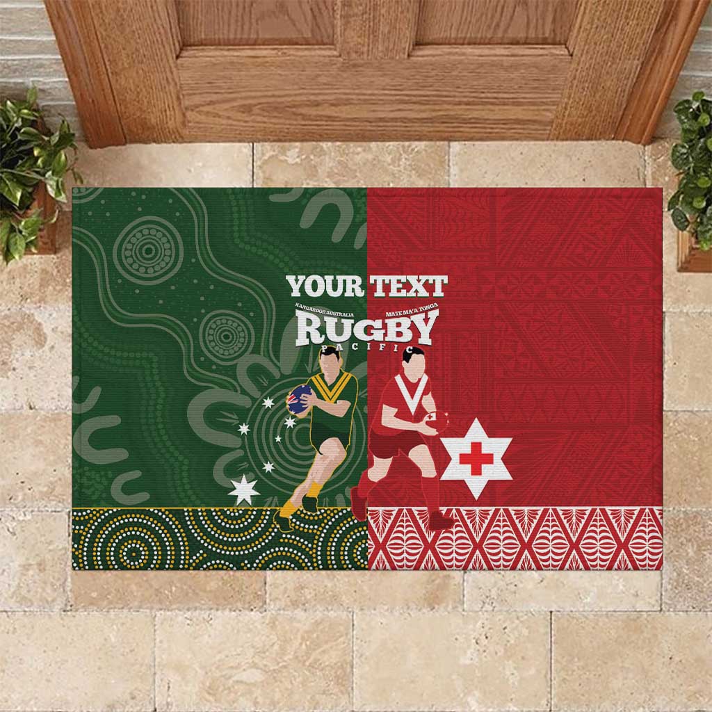 Custom Mate Maa Tonga And Kangaroo Australia Rubber Doormat Tongan Kupesi Mix Aboriginal Art LT14 Green - Polynesian Pride