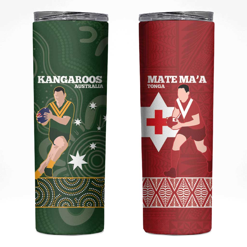 Personalised Mate Maa Tonga And Kangaroo Australia Skinny Tumbler Tongan Kupesi Mix Aboriginal Art LT14 Green - Polynesian Pride