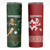 Personalised Mate Maa Tonga And Kangaroo Australia Skinny Tumbler Tongan Kupesi Mix Aboriginal Art LT14 Green - Polynesian Pride