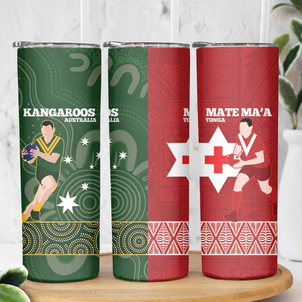 Personalised Mate Maa Tonga And Kangaroo Australia Skinny Tumbler Tongan Kupesi Mix Aboriginal Art LT14 - Polynesian Pride