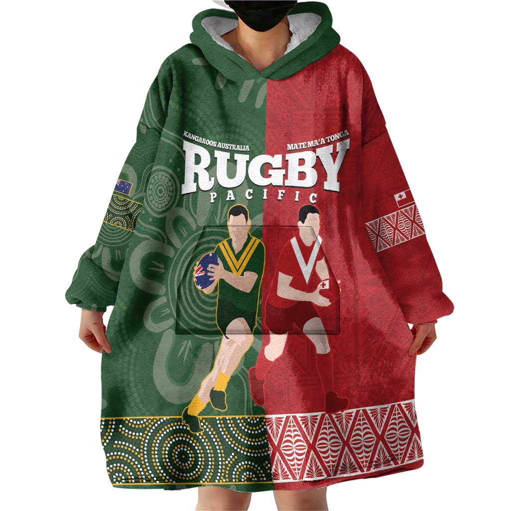 Custom Mate Maa Tonga And Kangaroo Australia Wearable Blanket Hoodie Tongan Kupesi Mix Aboriginal Art