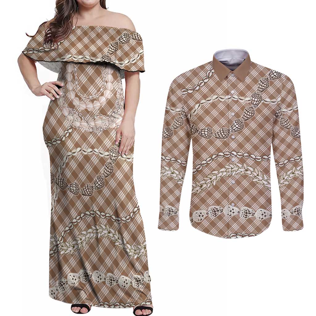 Brown Aloha Hawaii Shell Lei Couples Matching Off Shoulder Maxi Dress and Long Sleeve Button Shirt Palaka Hebrew Cone Honey Cowrie Elegant Curves - Polynesian Pride