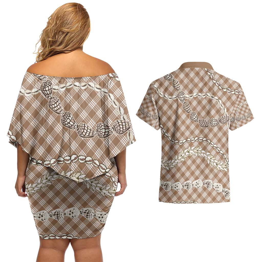 Brown Aloha Hawaii Shell Lei Couples Matching Off Shoulder Short Dress and Hawaiian Shirt Palaka Hebrew Cone Honey Cowrie Elegant Curves - Polynesian Pride