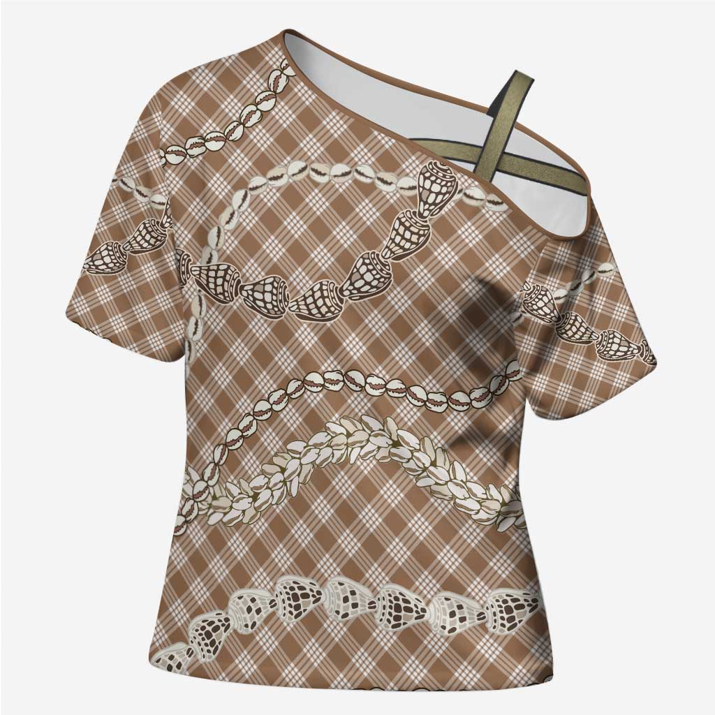 Brown Aloha Hawaii Shell Lei Cross Shoulder Shirt Palaka Hebrew Cone Honey Cowrie Elegant Curves - Polynesian Pride