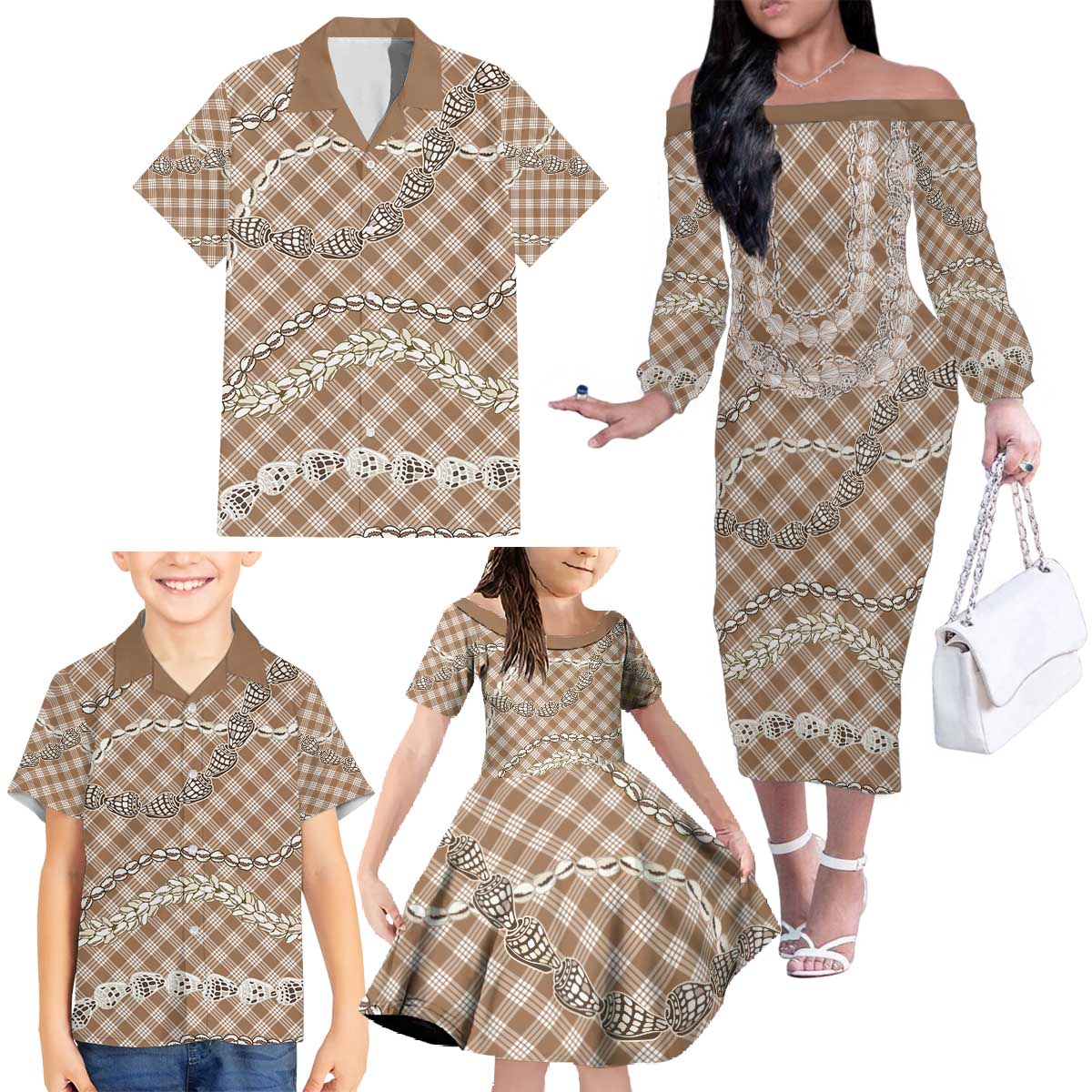 Brown Aloha Hawaii Shell Lei Family Matching Off The Shoulder Long Sleeve Dress and Hawaiian Shirt Palaka Hebrew Cone Honey Cowrie Elegant Curves - Polynesian Pride
