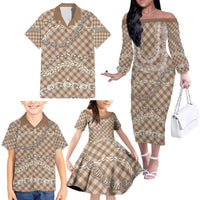 Brown Aloha Hawaii Shell Lei Family Matching Off The Shoulder Long Sleeve Dress and Hawaiian Shirt Palaka Hebrew Cone Honey Cowrie Elegant Curves - Polynesian Pride