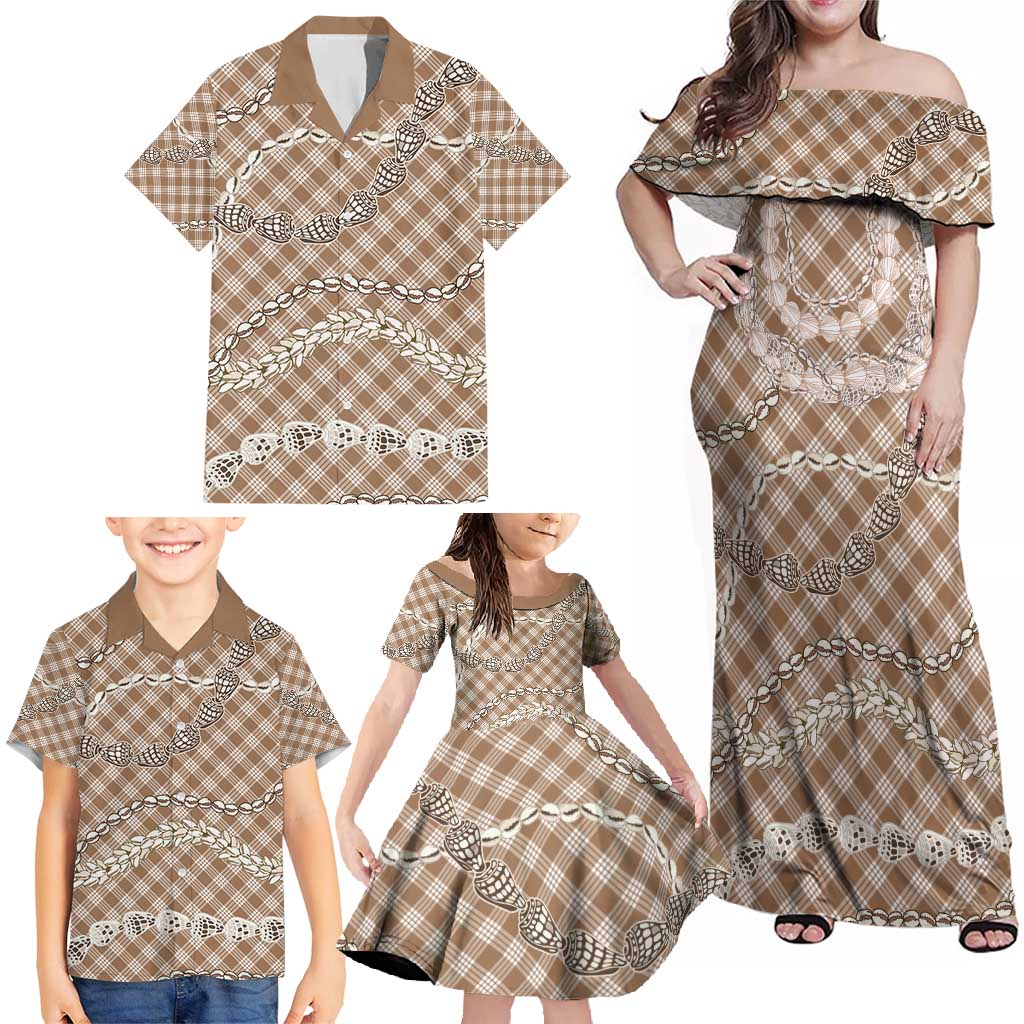 Brown Aloha Hawaii Shell Lei Family Matching Off Shoulder Maxi Dress and Hawaiian Shirt Palaka Hebrew Cone Honey Cowrie Elegant Curves - Polynesian Pride