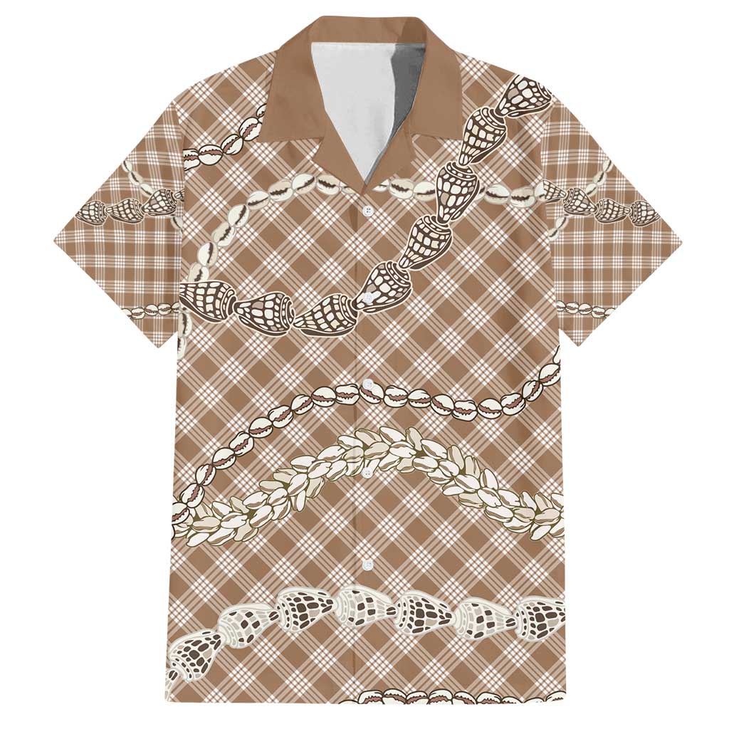 Brown Aloha Hawaii Shell Lei Family Matching Off Shoulder Maxi Dress and Hawaiian Shirt Palaka Hebrew Cone Honey Cowrie Elegant Curves - Polynesian Pride