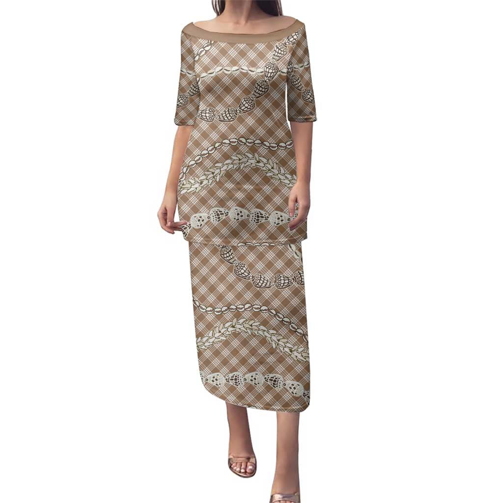 Brown Aloha Hawaii Shell Lei Family Matching Puletasi and Hawaiian Shirt Palaka Hebrew Cone Honey Cowrie Elegant Curves - Polynesian Pride