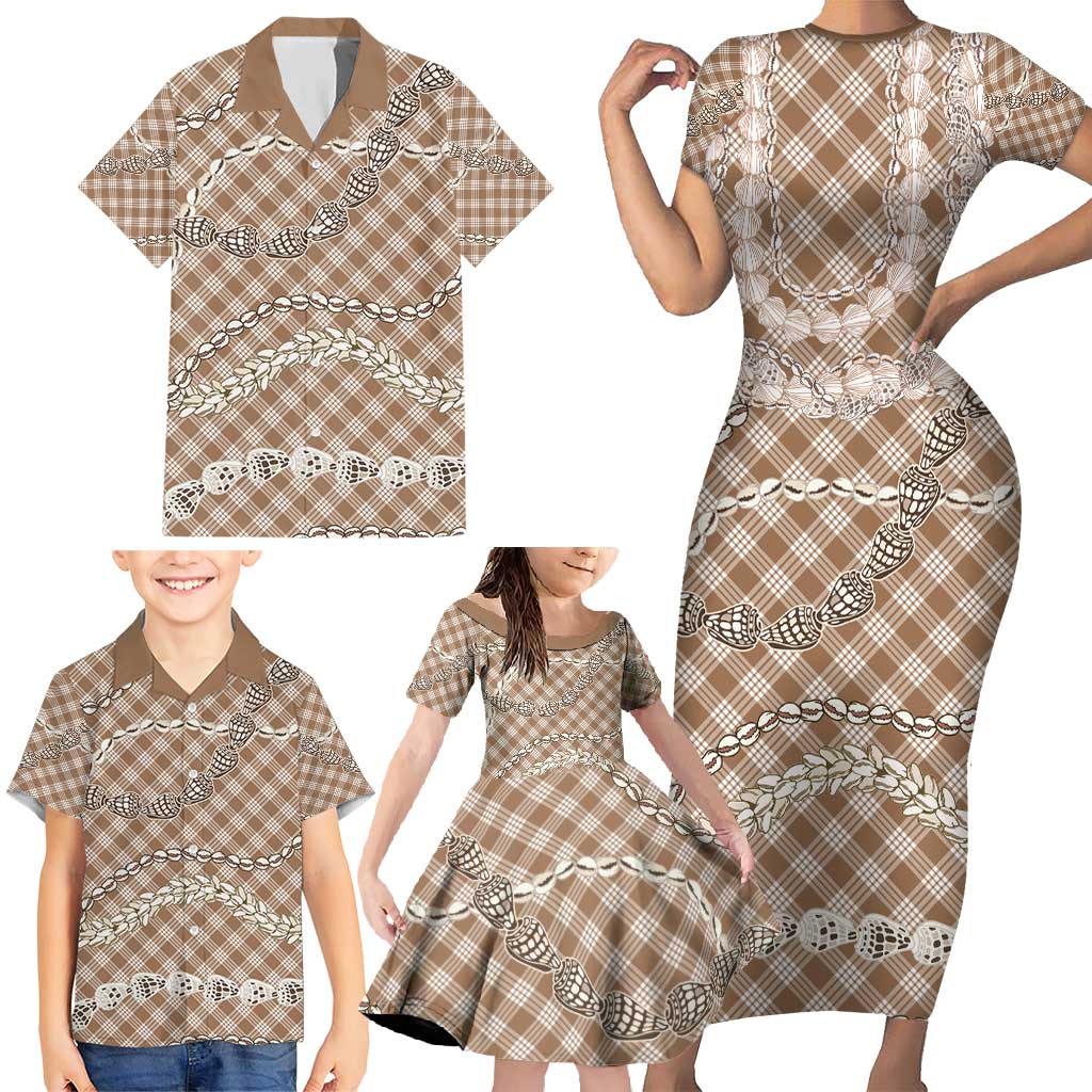 Brown Aloha Hawaii Shell Lei Family Matching Short Sleeve Bodycon Dress and Hawaiian Shirt Palaka Hebrew Cone Honey Cowrie Elegant Curves - Polynesian Pride