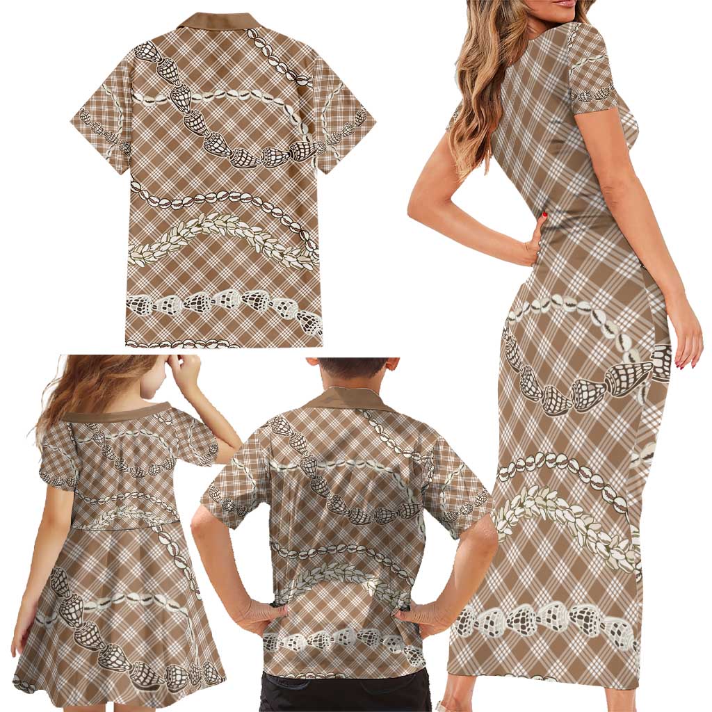 Brown Aloha Hawaii Shell Lei Family Matching Short Sleeve Bodycon Dress and Hawaiian Shirt Palaka Hebrew Cone Honey Cowrie Elegant Curves - Polynesian Pride