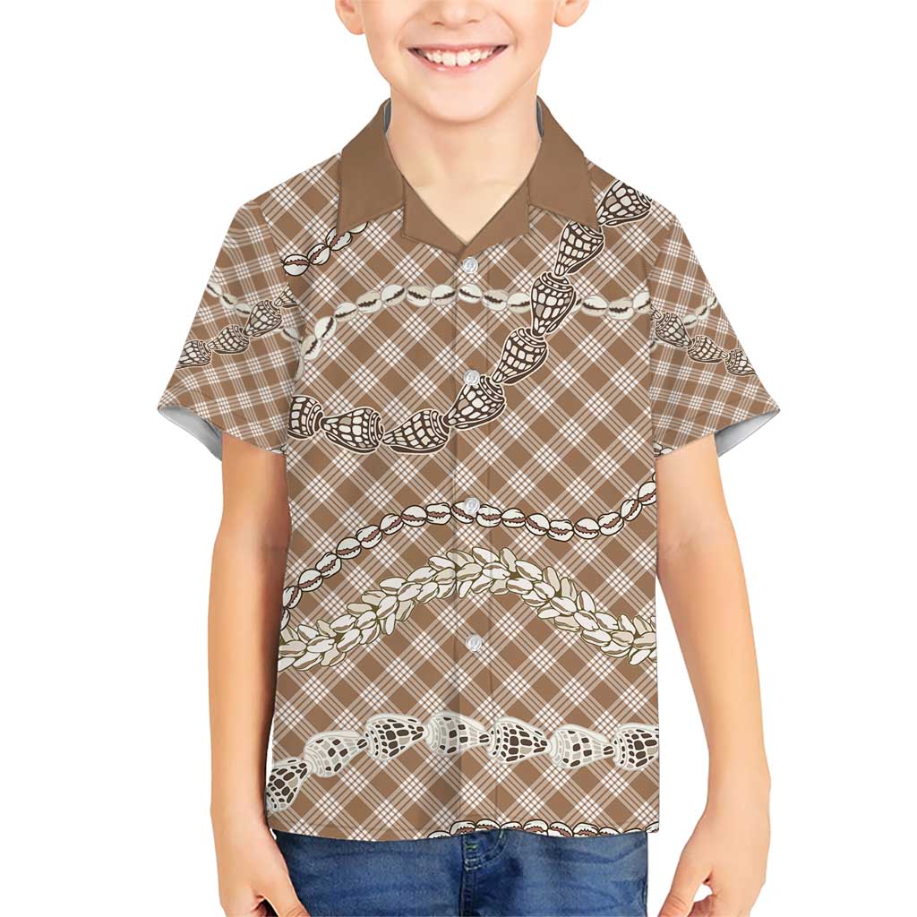 Brown Aloha Hawaii Shell Lei Family Matching Short Sleeve Bodycon Dress and Hawaiian Shirt Palaka Hebrew Cone Honey Cowrie Elegant Curves - Polynesian Pride