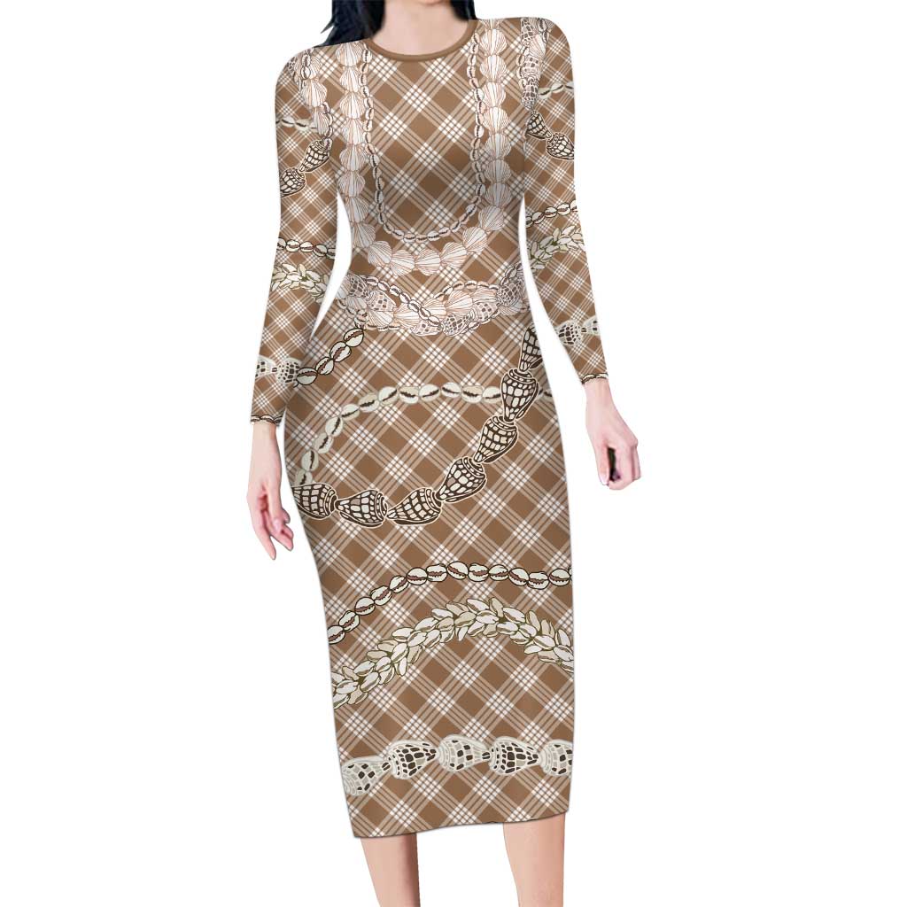 Brown Aloha Hawaii Shell Lei Long Sleeve Bodycon Dress Palaka Hebrew Cone Honey Cowrie Elegant Curves - Polynesian Pride