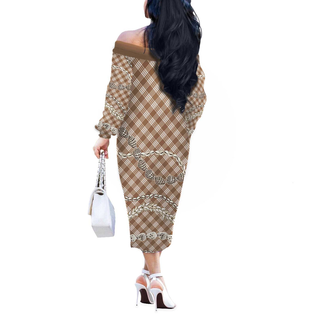 Brown Aloha Hawaii Shell Lei Off The Shoulder Long Sleeve Dress Palaka Hebrew Cone Honey Cowrie Elegant Curves - Polynesian Pride